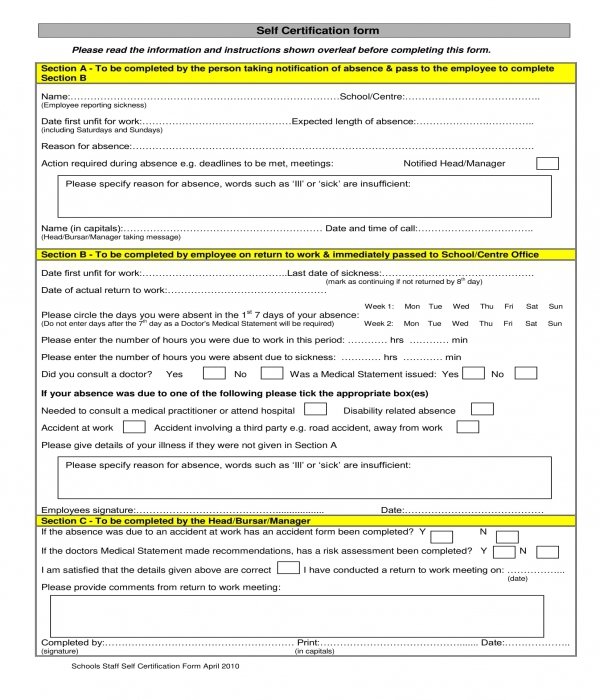 Self Certification Form