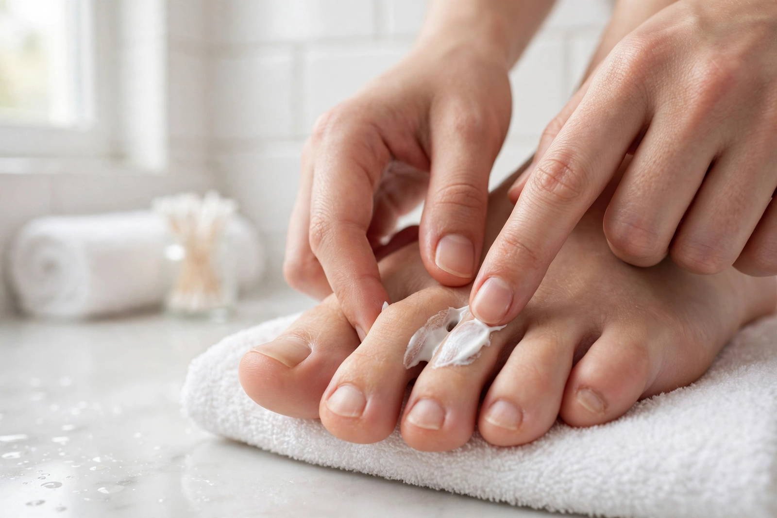 Applying athlete's foot cream between the toes for effective treatment