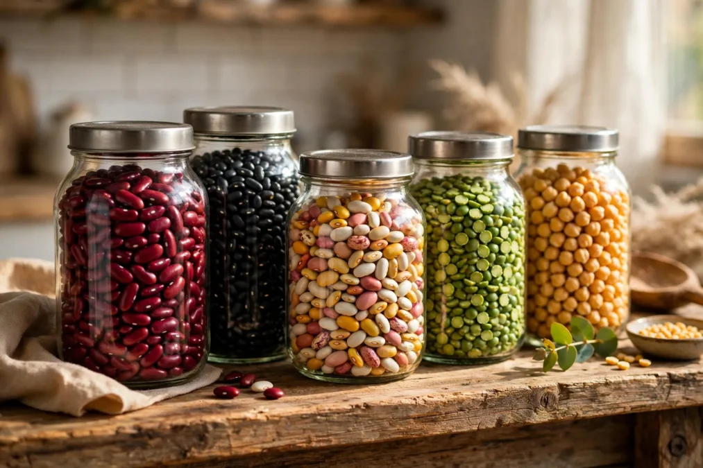 Glass jars of colourful beans arranged on a wooden kitchen shelf.