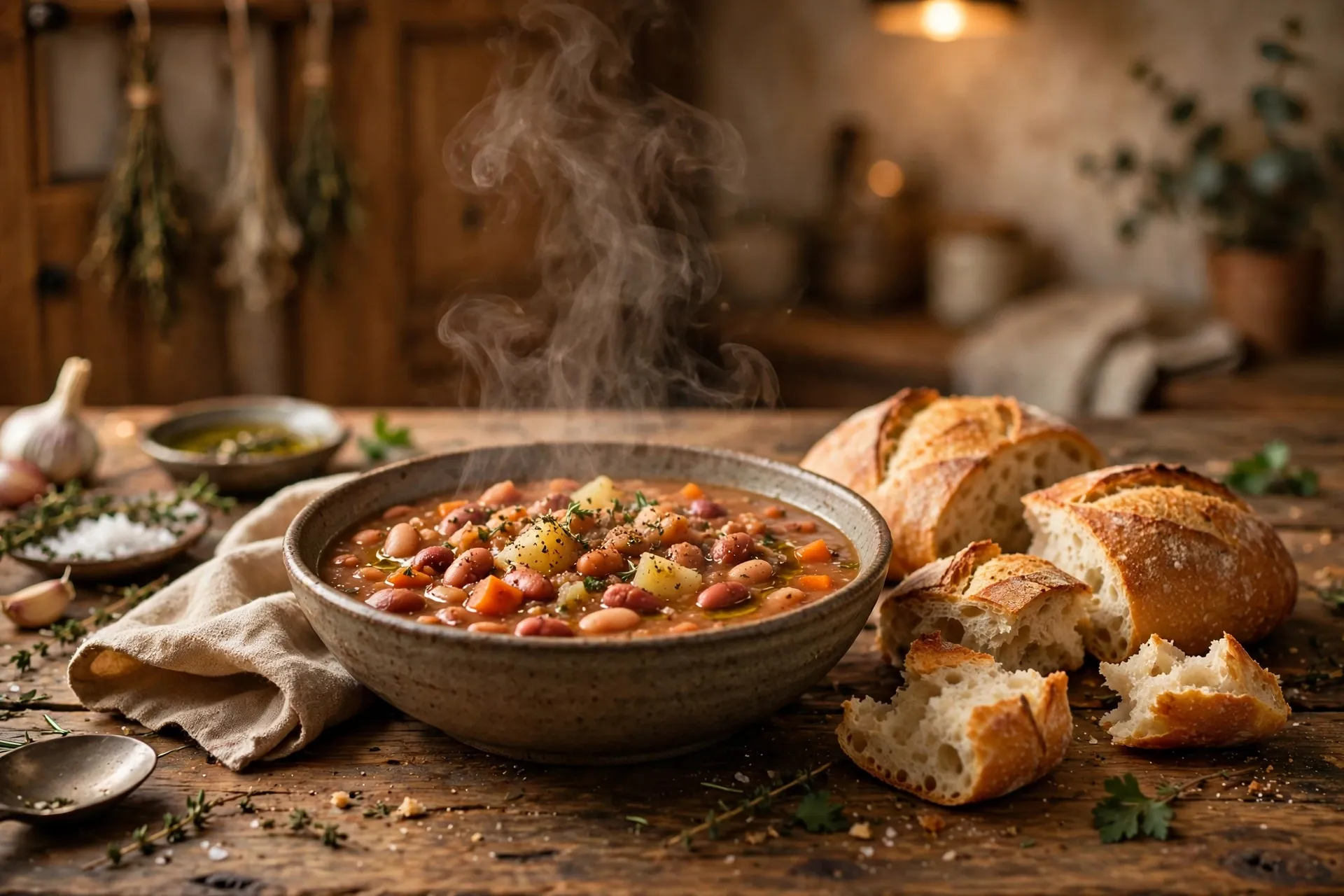 A hearty bowl of bean stew with crusty bread on a rustic wooden table.