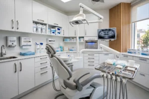 Bright modern dental clinic with an empty treatment chair and instruments.