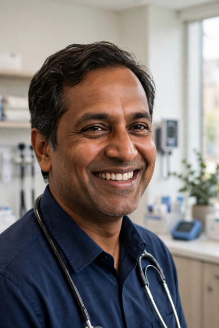 dr amir khan Smiling male GP doctor in a modern British surgery, illustrative portrait