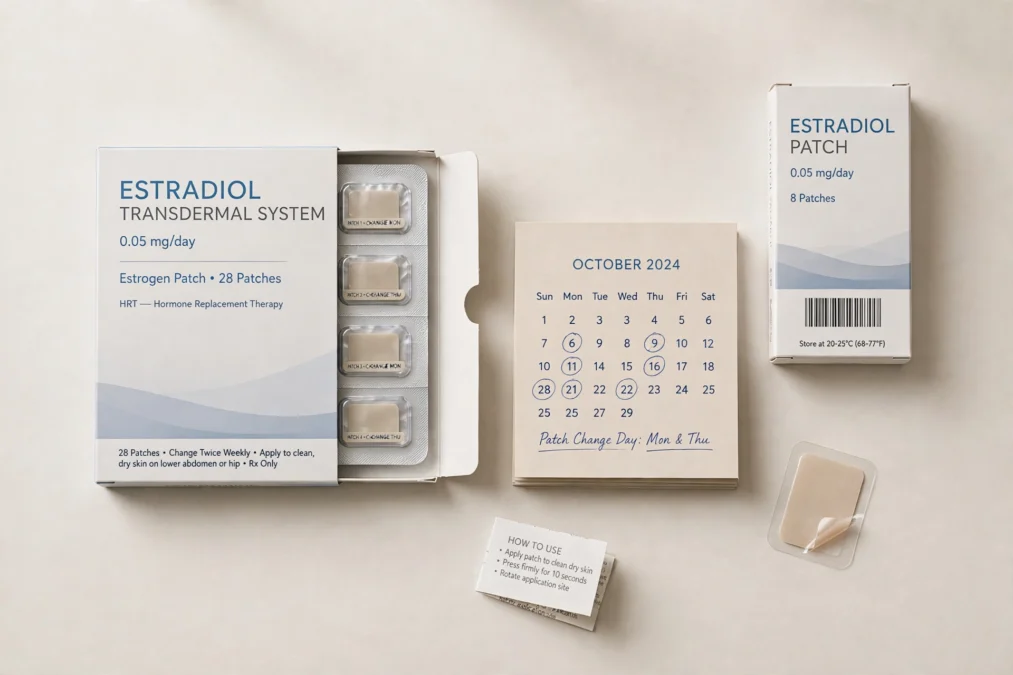 evorel sequi patches Evorel Sequi HRT patch boxes with a calendar marking the 28-day treatment cycle