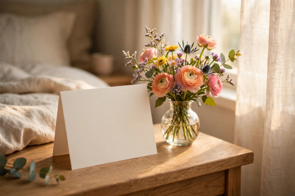 Get well soon card with fresh flowers on a bedside table in morning light