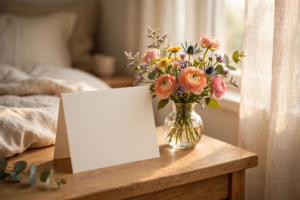 dr amir khan Get well soon card with fresh flowers on a bedside table in morning light