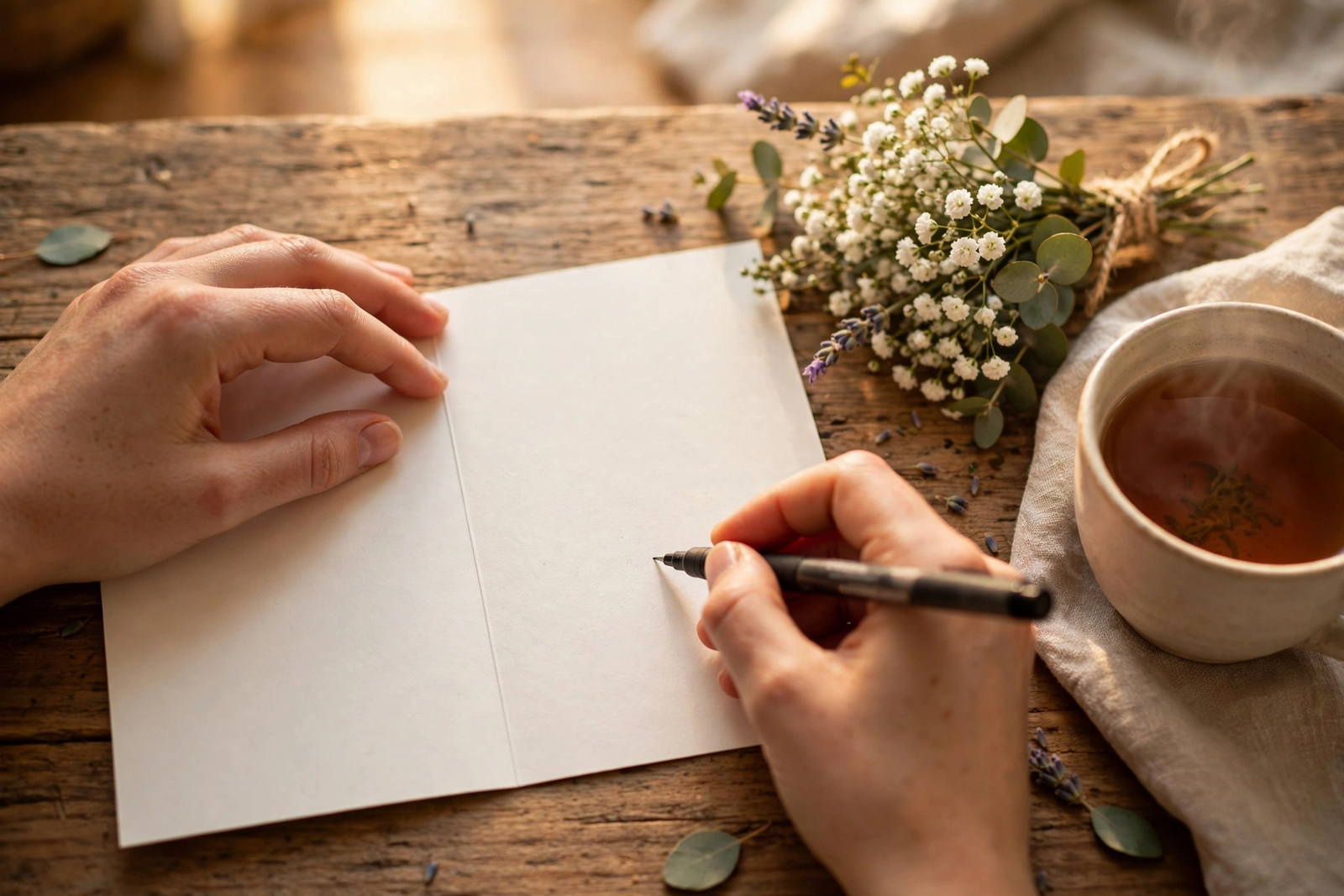 Handwriting a heartfelt message in a greeting card at home