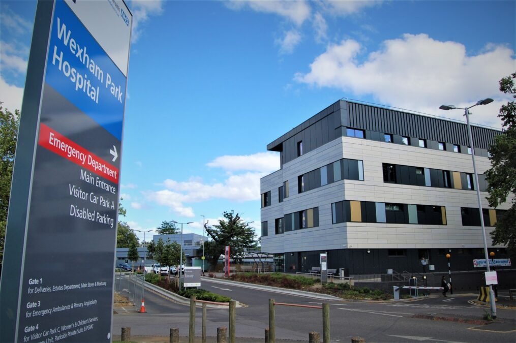 Wexham Park Hospital in Slough, Berkshire — main entrance of the NHS hospital