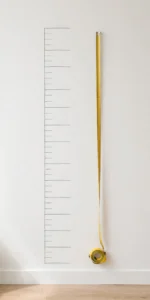 Height chart marked on a wall beside a measuring tape.
