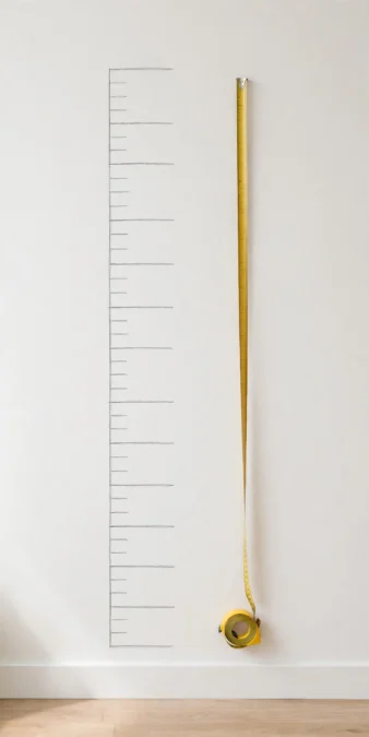 Height chart marked on a wall beside a measuring tape.