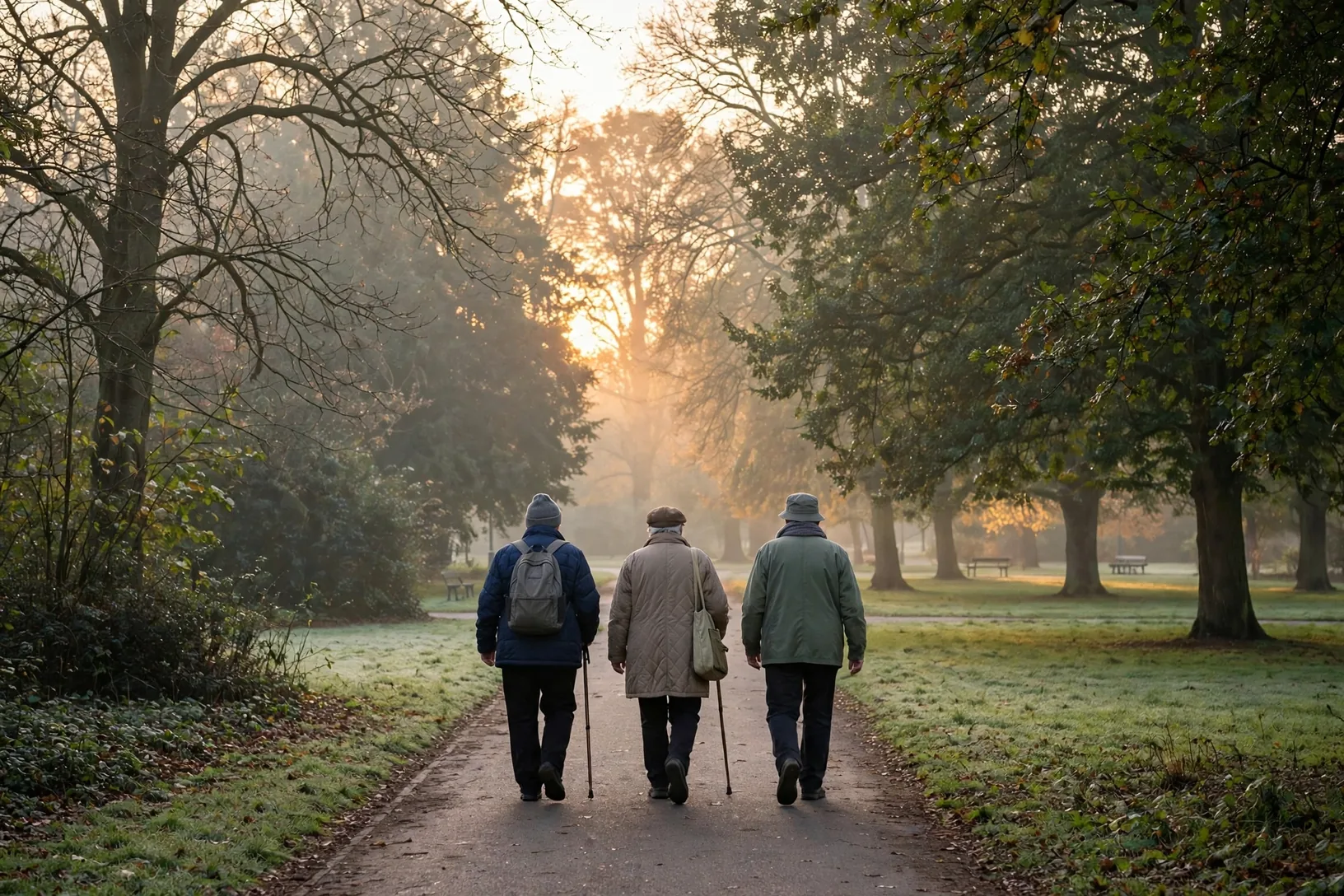 Older adults walking along a park path at sunrise, seen from behind.