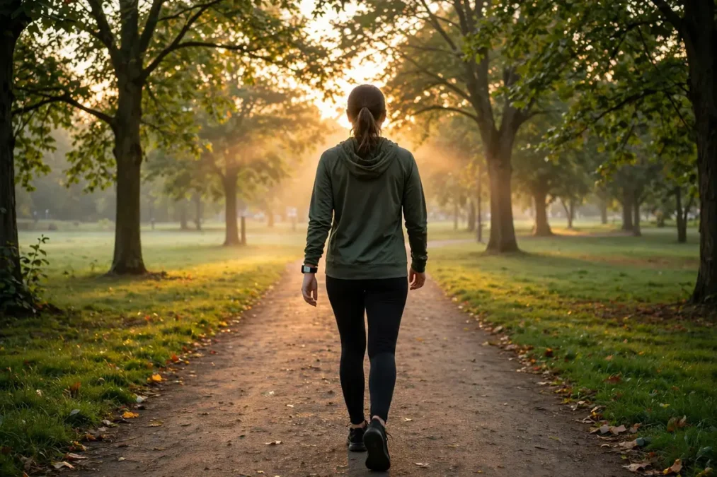Person walking on a park path at sunrise tracking 10,000 steps