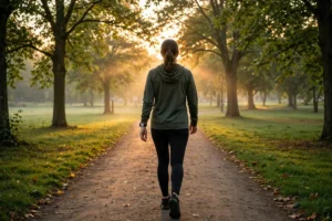 Person walking on a park path at sunrise tracking 10,000 steps