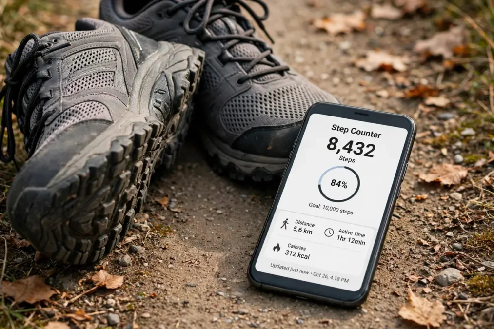 Walking shoes and a phone step counter showing daily steps