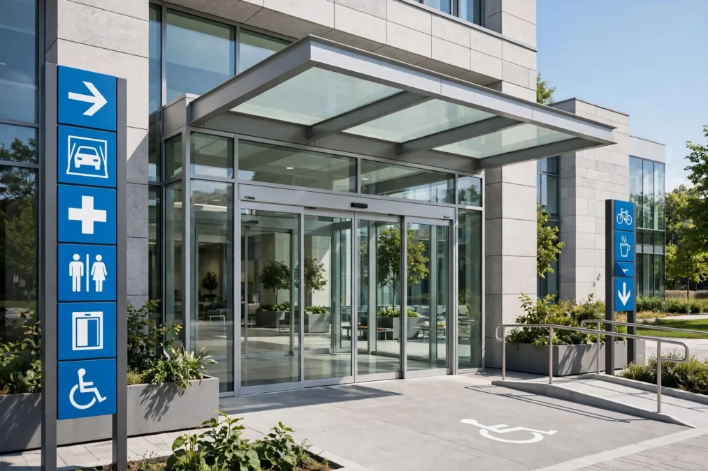 Modern hospital entrance with clear wayfinding signage and glass doors.