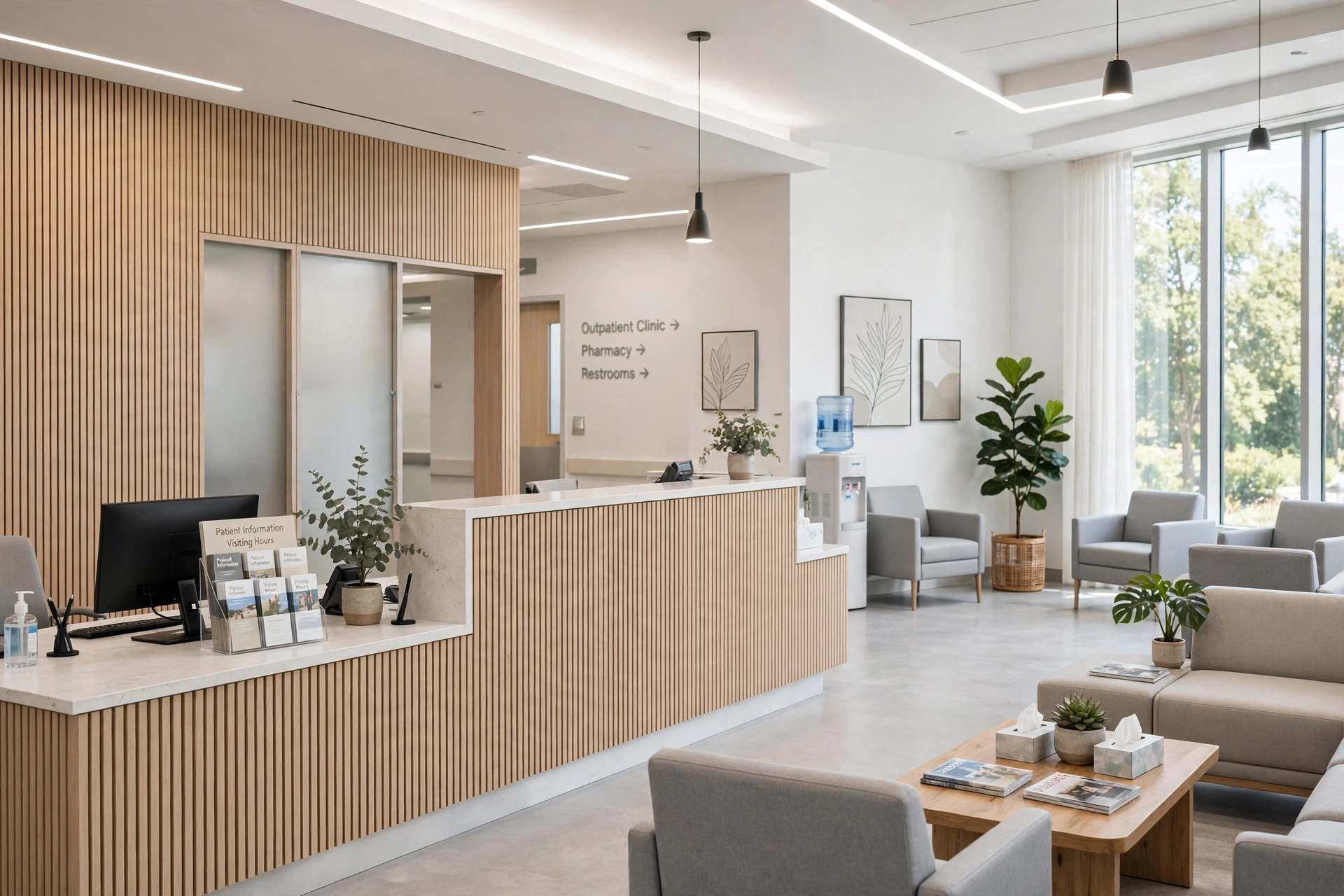 Bright hospital reception desk with a seating area for visitors.