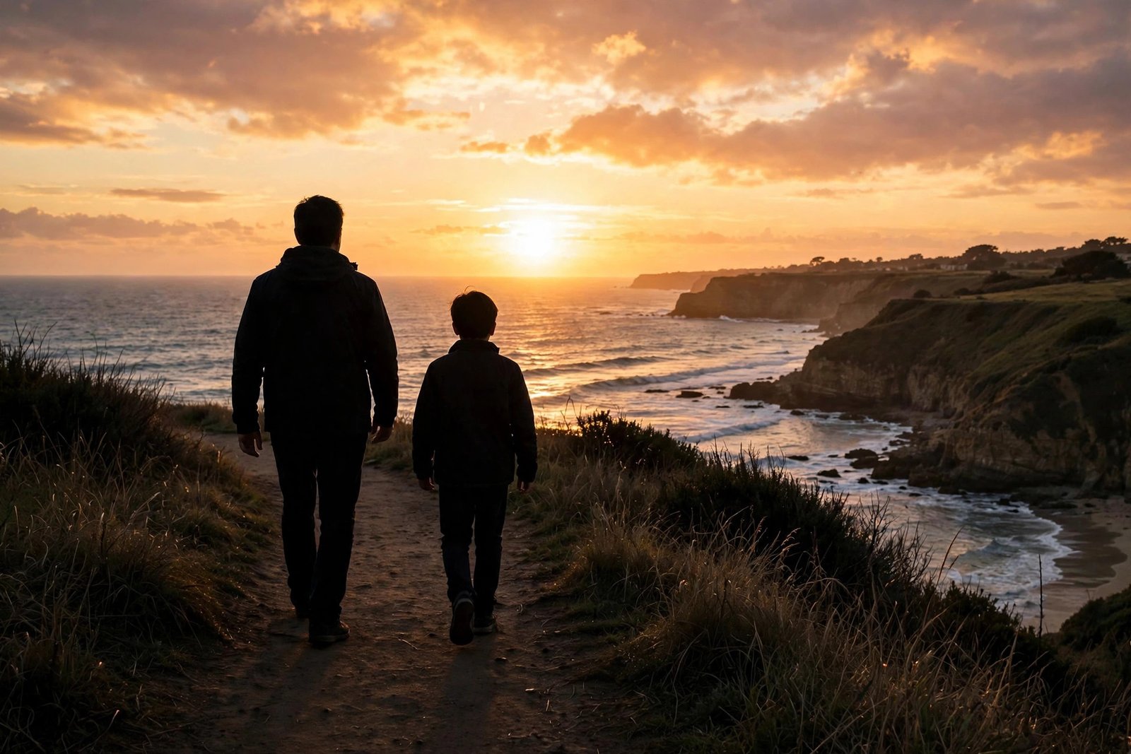 Silhouettes of two family members walking together on a coastal path at sunset