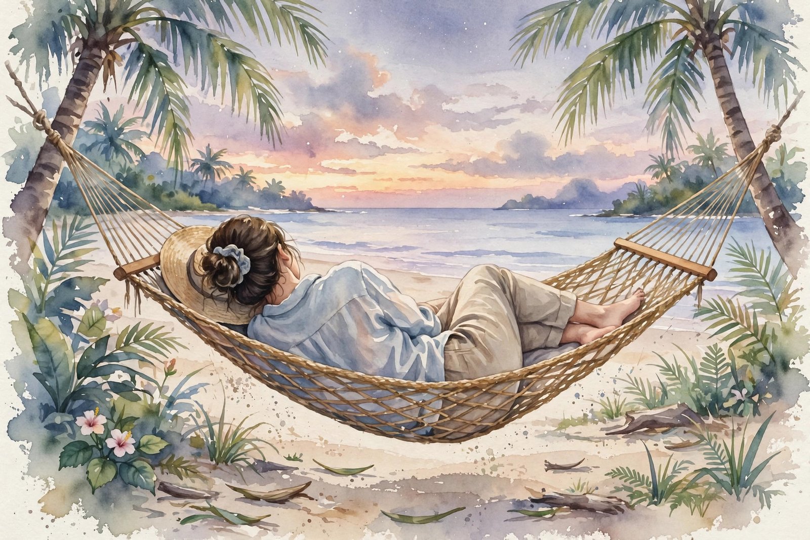Watercolour illustration of a woman resting in a hammock on a tropical island beach at dusk