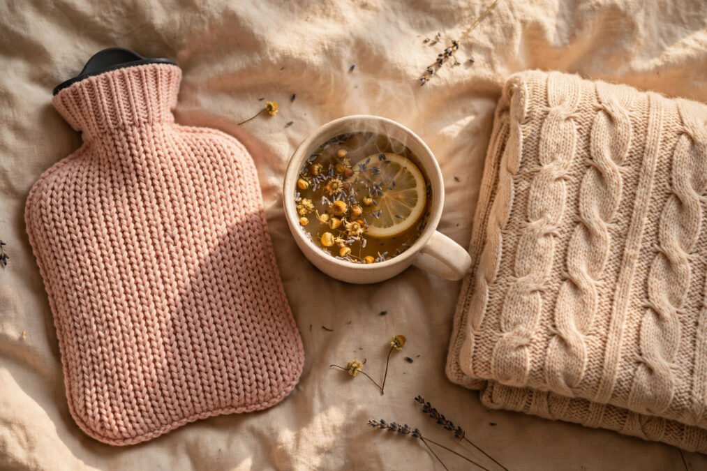 Hot water bottle, herbal tea and blanket on a bed — comfort items often used for period pain relief