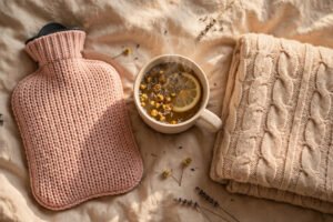 Hot water bottle, herbal tea and blanket on a bed — comfort items often used for period pain relief