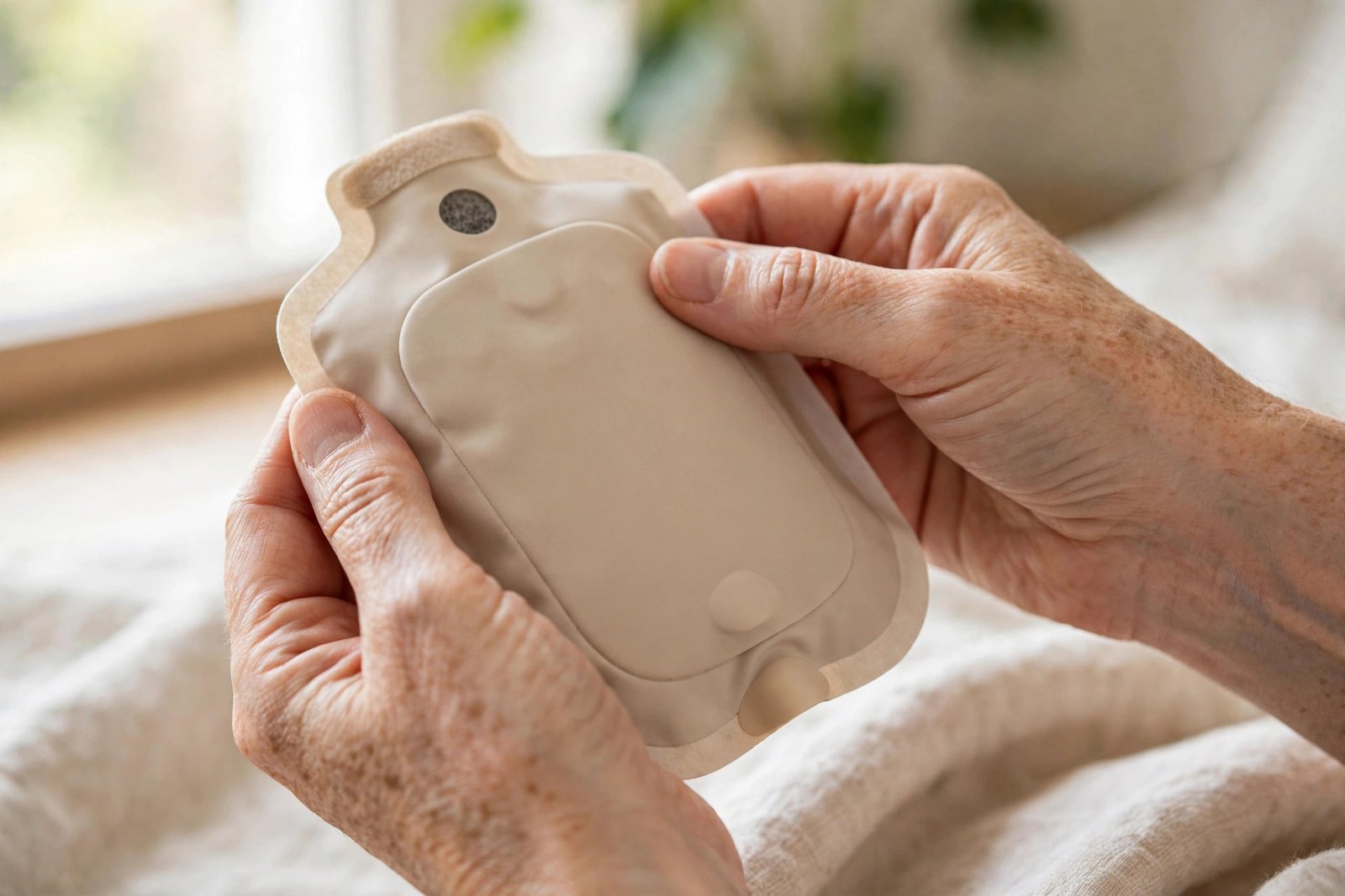 Person holding a discreet stoma pouch against a light background