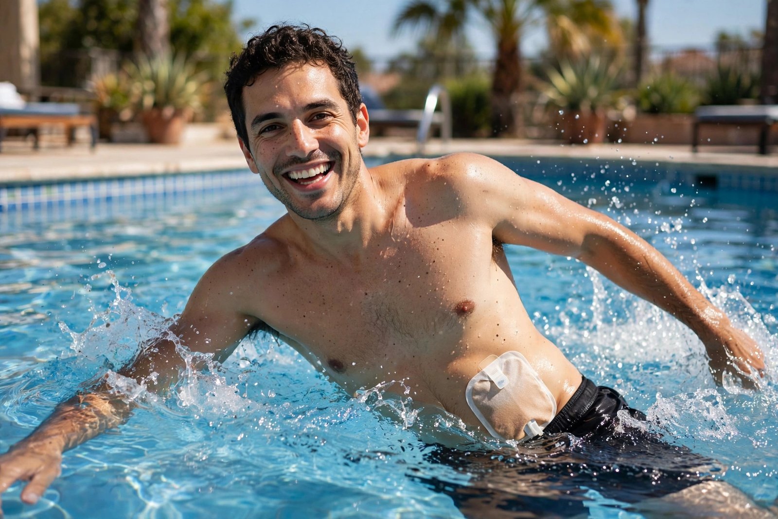 Person swimming with a stoma, showing an active life is possible after stoma surgery