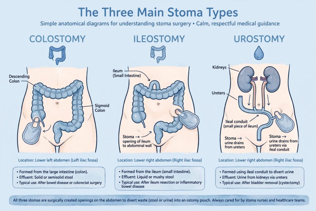 Illustration showing the three main types of stoma: colostomy, ileostomy and urostomy
