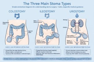 Illustration showing the three main types of stoma: colostomy, ileostomy and urostomy