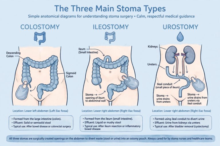 Illustration showing the three main types of stoma: colostomy, ileostomy and urostomy