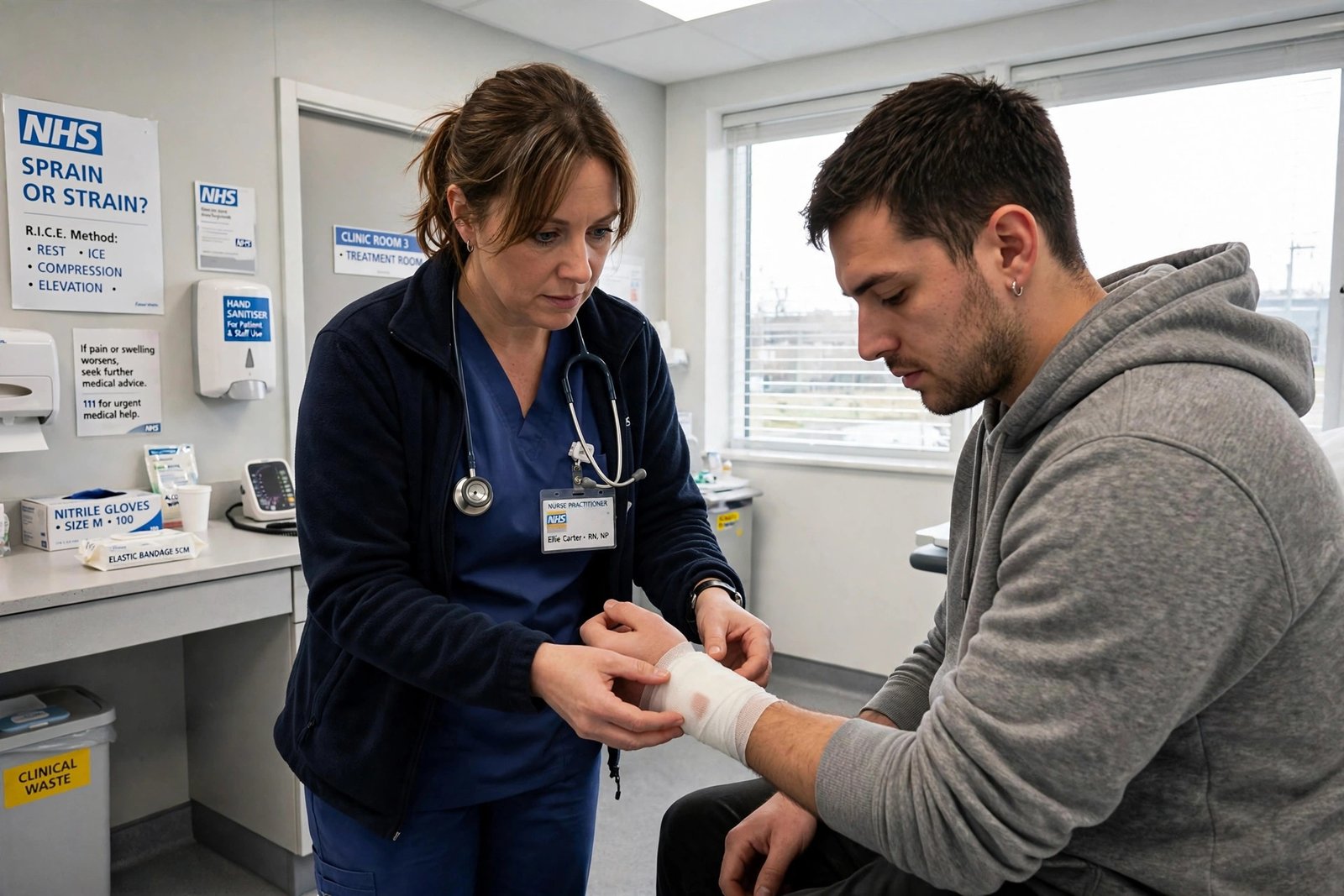 Nurse treating a patient's sprained wrist at an urgent treatment centre