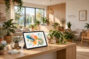 Bright modern health clinic reception with a tablet showing a wellness quiz