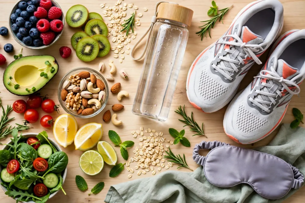Healthy foods, water bottle, running shoes and a sleep mask arranged on a table