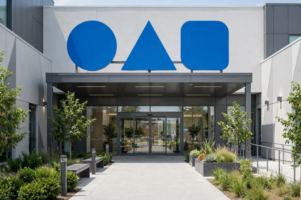 Modern medical centre entrance with blue signage shapes and a clear path to glass doors