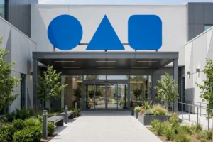 Modern medical centre entrance with blue signage shapes and a clear path to glass doors
