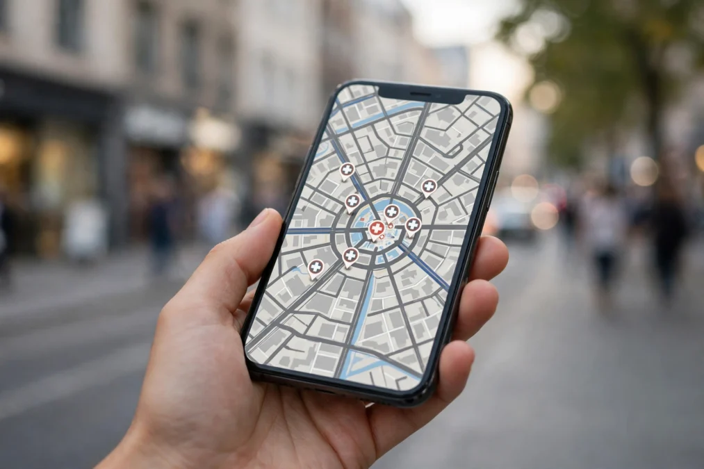 Hand holding a smartphone showing a generic map with medical location pins