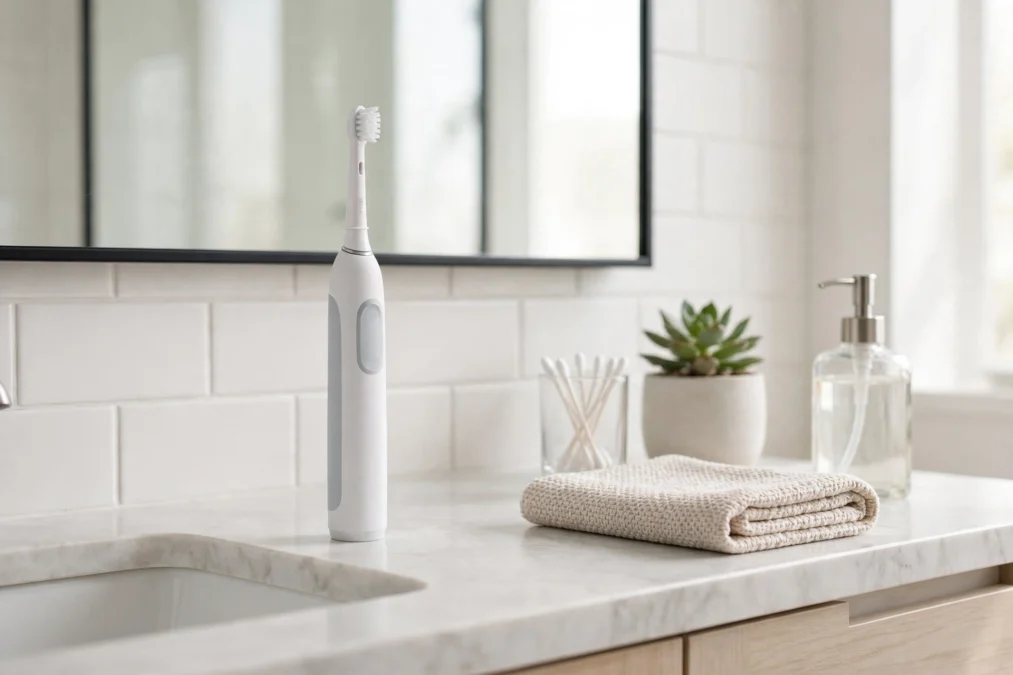 Modern electric toothbrush standing on a bathroom counter beside a mirror.