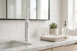 Modern electric toothbrush standing on a bathroom counter beside a mirror.