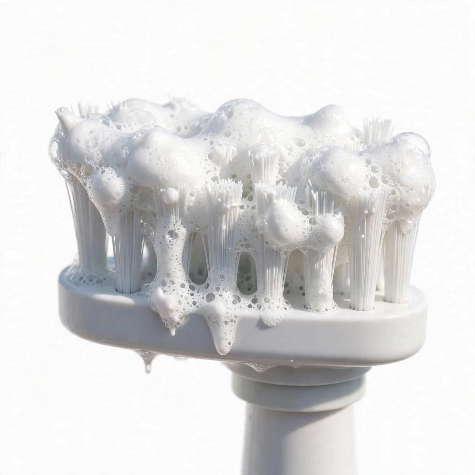 Close-up of an electric toothbrush head with toothpaste foam, no branding.