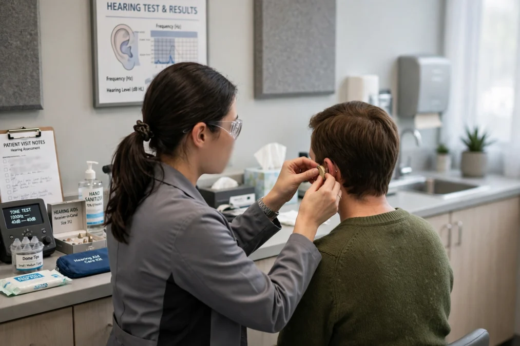 Audiologist fitting a hearing aid for a patient in a clinic