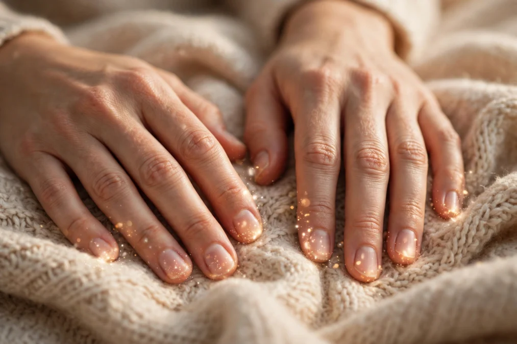Soft close-up of relaxed hands resting on a blanket with a gentle tingling light effect around the fingertips