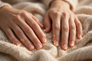 Soft close-up of relaxed hands resting on a blanket with a gentle tingling light effect around the fingertips