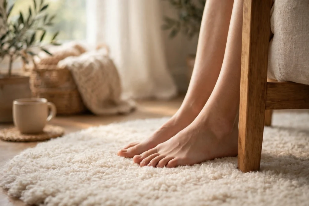 Bare feet on a soft rug beside a chair in a cosy living room