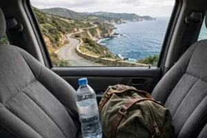 View through a car window of a winding coastal road with a water bottle and travel bag.