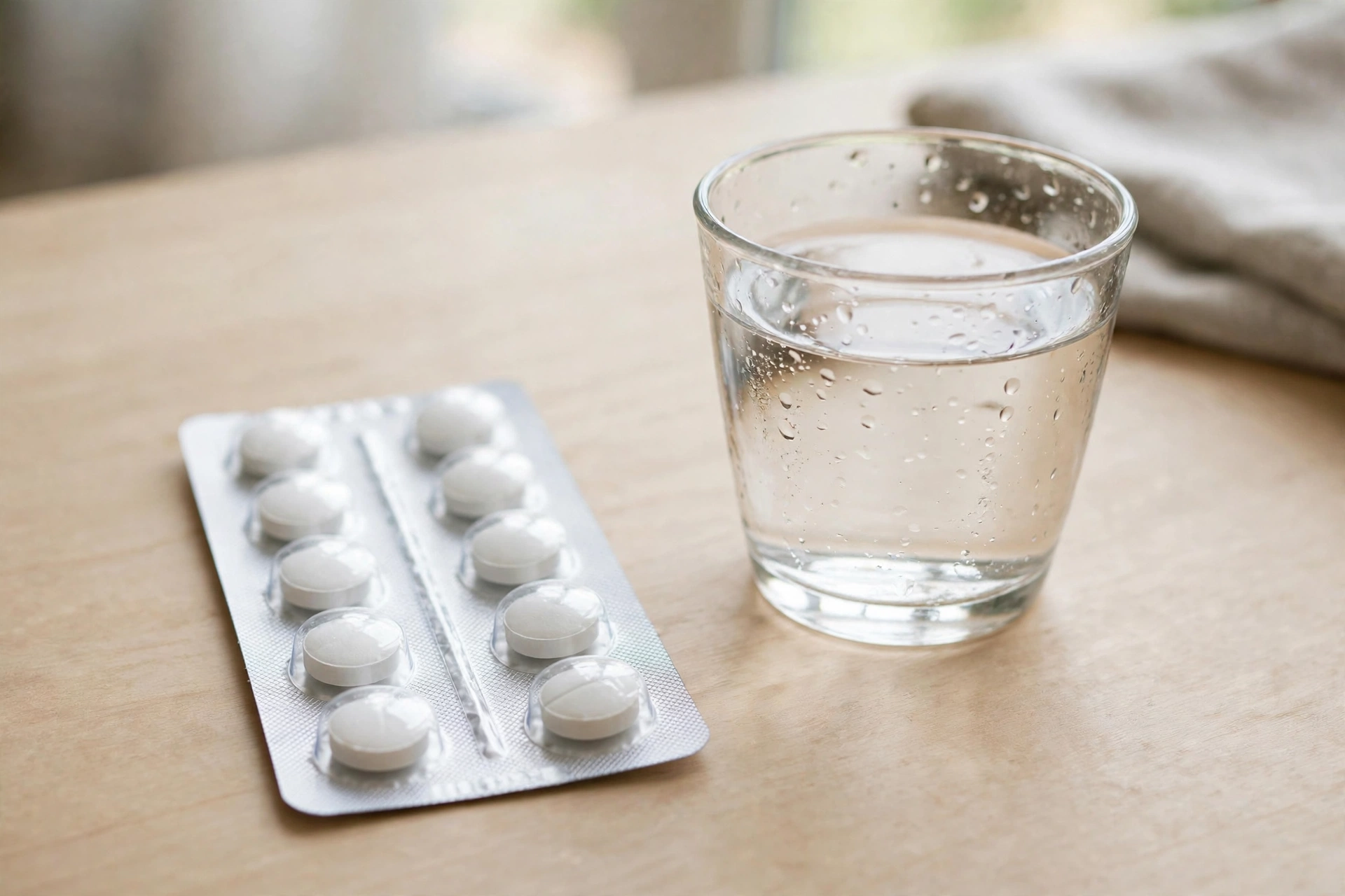 Plain unbranded medicine blister pack beside a glass of water.