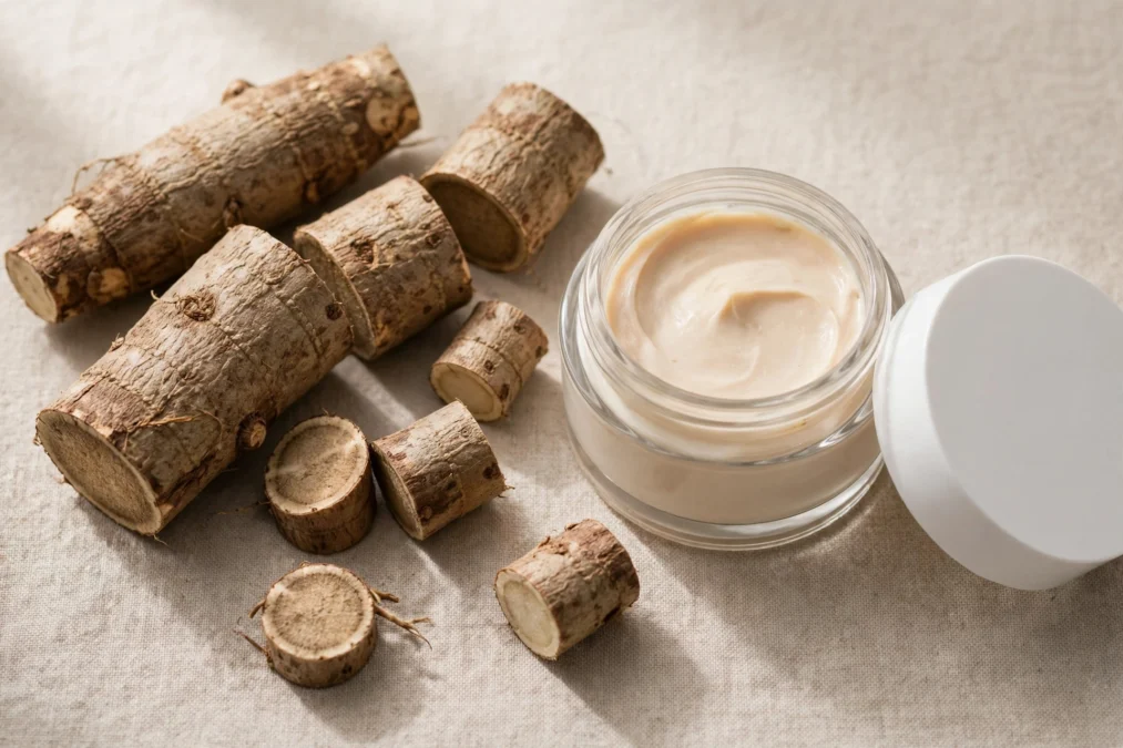 wild yam cream Jar of wild yam cream beside dried wild yam root on a wooden table