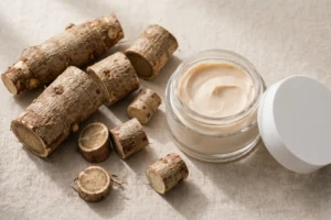 countess of chester hospital Jar of wild yam cream beside dried wild yam root on a wooden table
